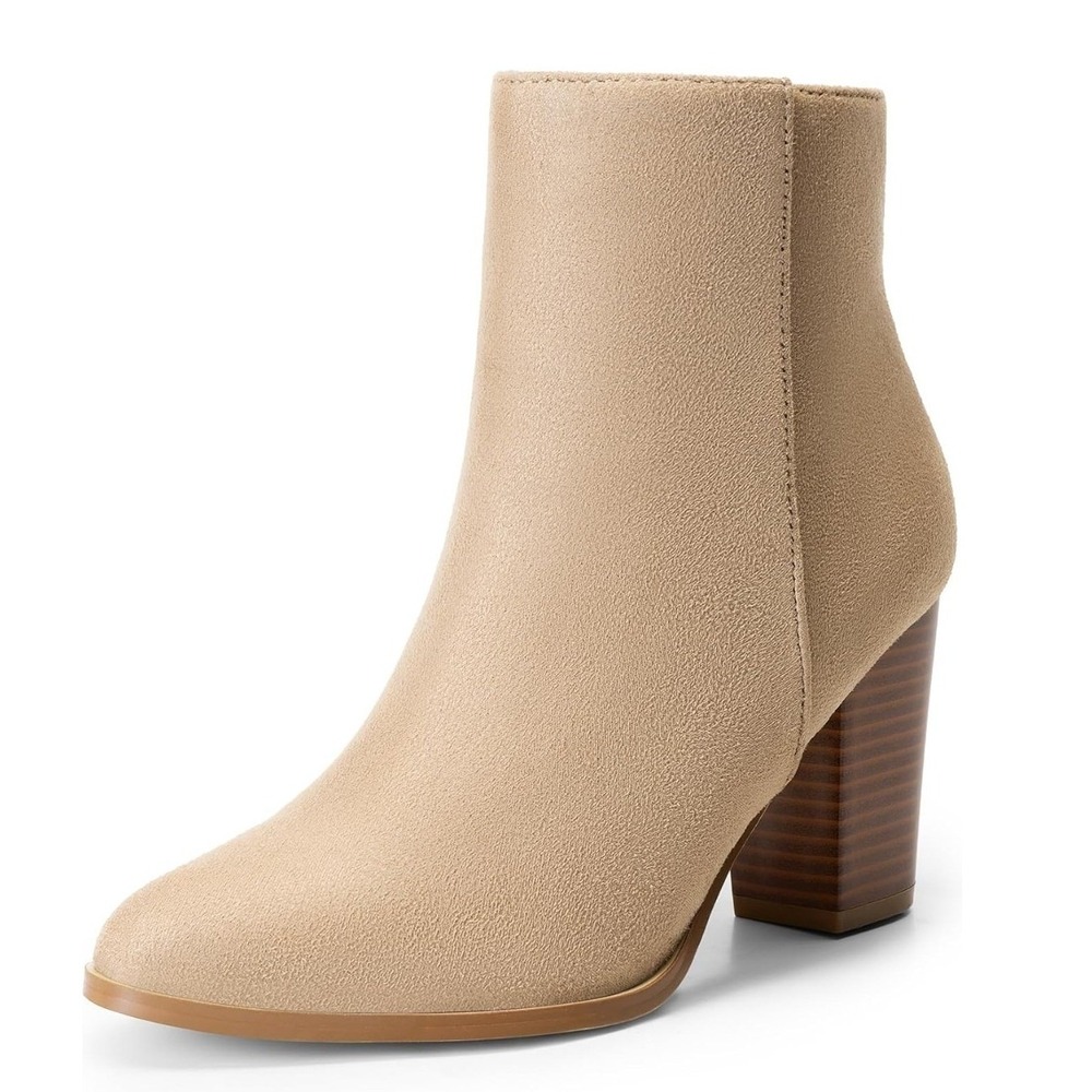 Women Tan Faux Suede Pointed Toe Block Heel Ankle Booties Size 9 Side Zip NEW